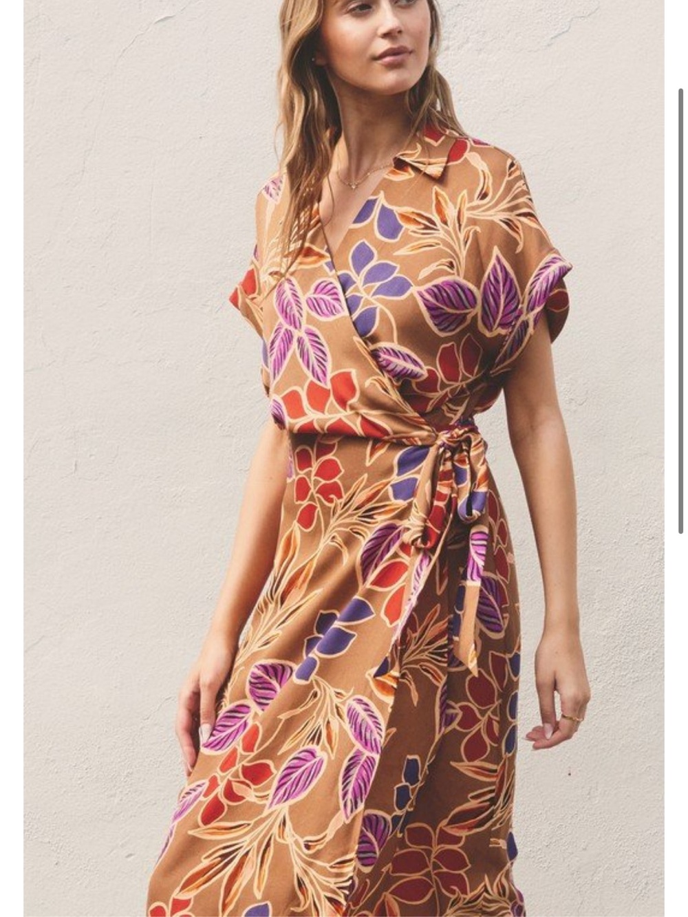 Brown Floral Midi Wrap Dress with Red, Purple & Blue Accents size M